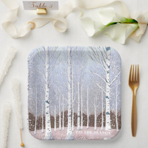 Snowy Birch Trees Christmas Dusty Blue ID1003 Paper Plates