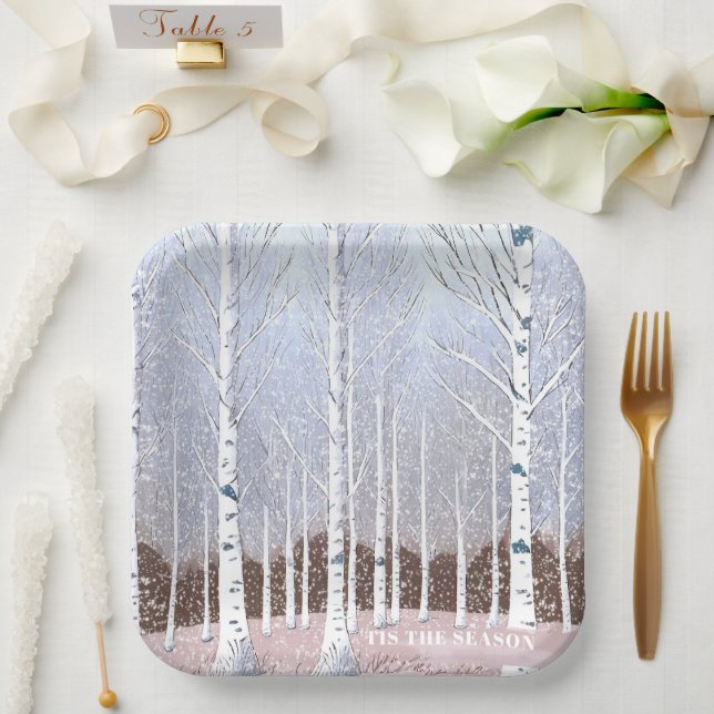 Snowy Birch Trees Christmas Dusty Blue ID1003 Paper Plates (Wedding)