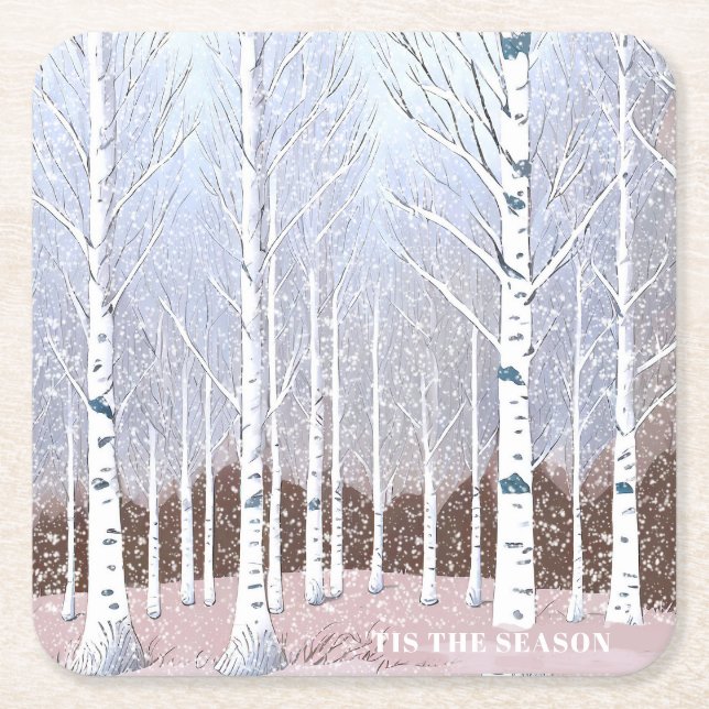 Snowy Birch Trees Christmas Dusty Blue ID1003 Square Paper Coaster (Front)