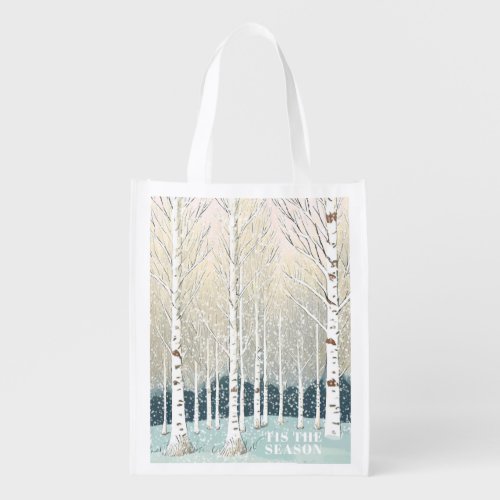 Snowy Birch Trees Christmas Teal ID1003 Grocery Bag