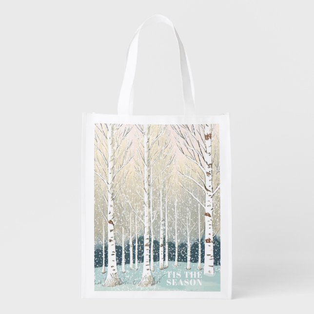 Snowy Birch Trees Christmas Teal ID1003 Grocery Bag (Front)