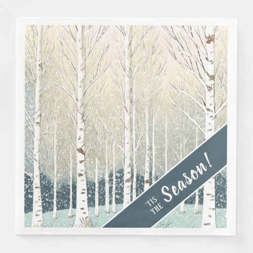 Snowy Birch Trees Christmas Teal ID1003 Paper Dinner Napkins