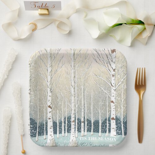 Snowy Birch Trees Christmas Teal ID1003 Paper Plates