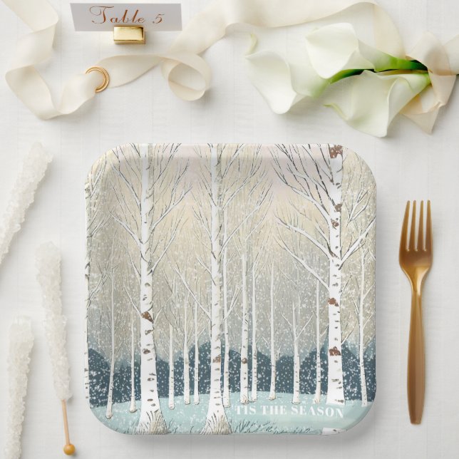 Snowy Birch Trees Christmas Teal ID1003 Paper Plates (Wedding)