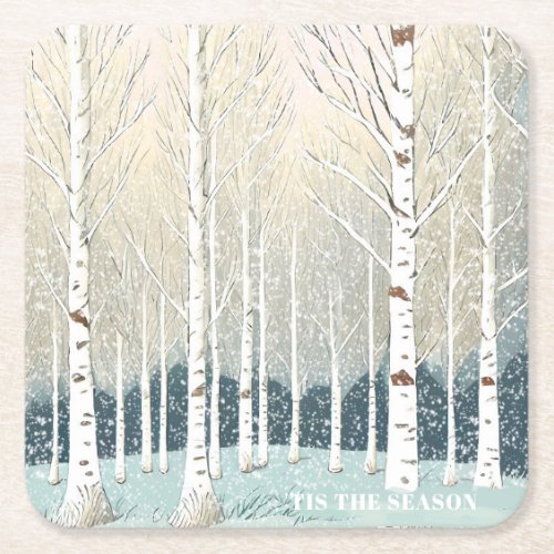 Snowy Birch Trees Christmas Teal ID1003 Square Paper Coaster