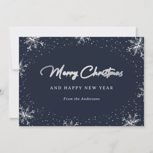 Snowy Blue and Silver Snowflakes Holiday Card (Front)