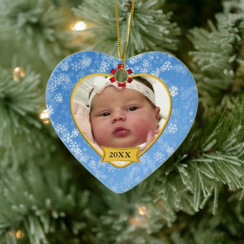 Snowy Blue Babys 2 Sided Photo Keepsake Ceramic Ornament