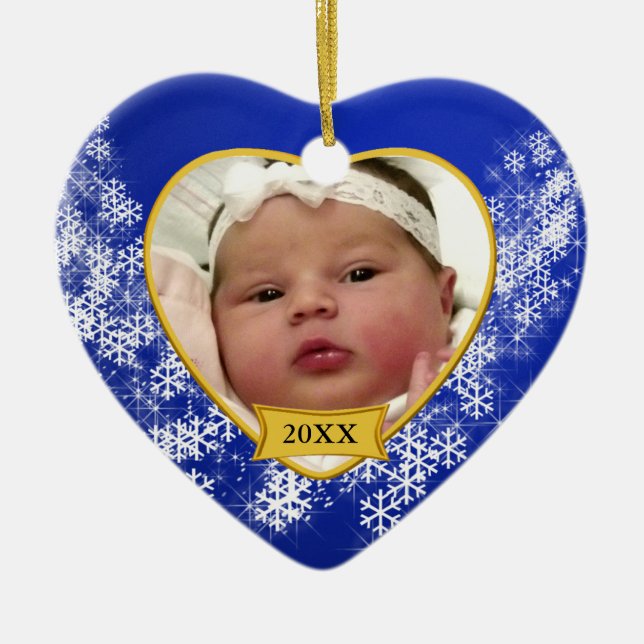 Snowy Blue Baby's first Christmas Photo Ceramic Ornament (Front)