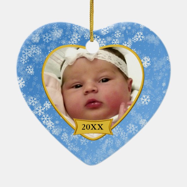 Snowy Blue Baby's Photo Keepsake Christmas Ceramic Ornament (Back)