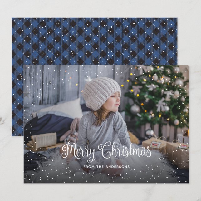 Snowy Blue Buffalo Plaid Photo Christmas Cards (Front/Back)