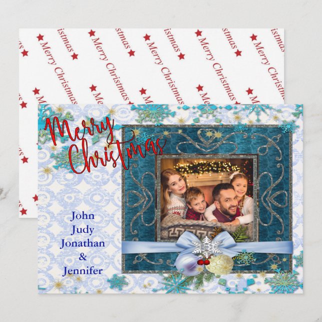 Snowy Blue Christmas Picture Frame Holiday Card (Front/Back)