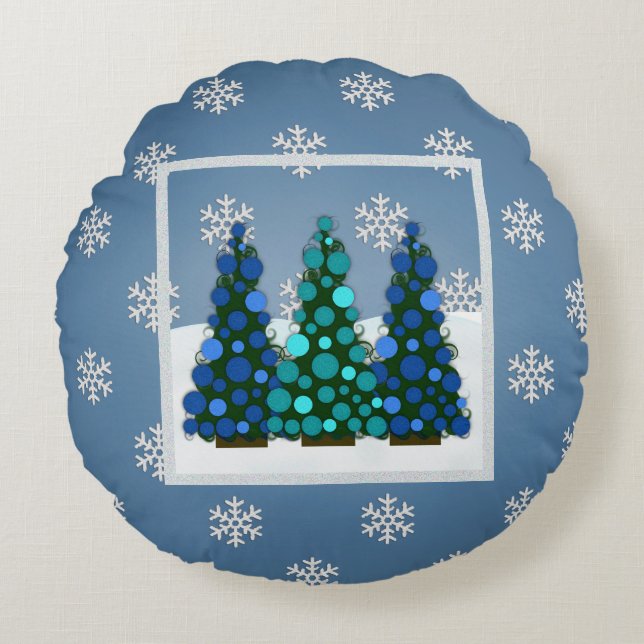 Snowy Blue Christmas Tree Round Pillow (Front)