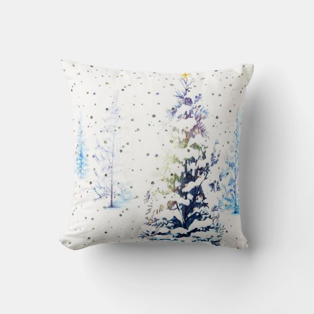Snowy Blue Christmas Tree Square Pillow (Front)