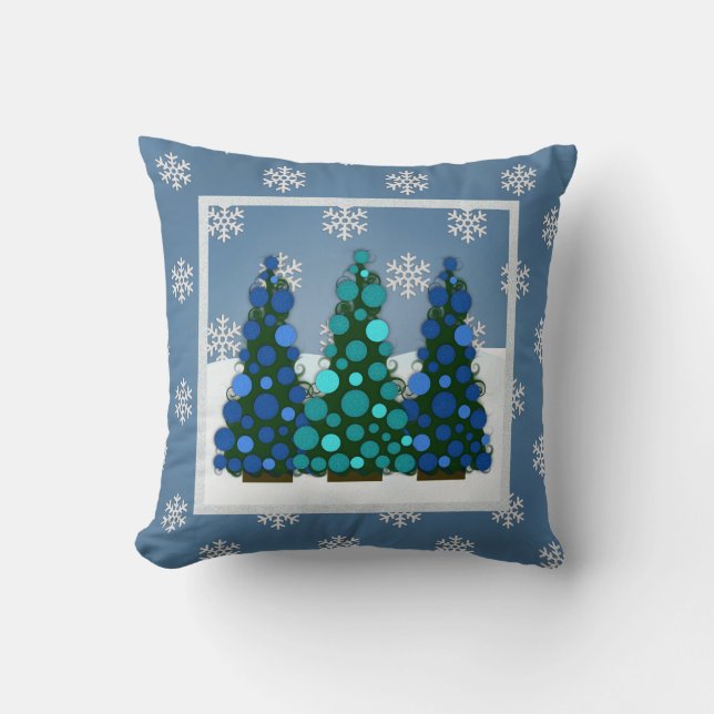 Snowy Blue Christmas Tree Throw Pillow (Front)