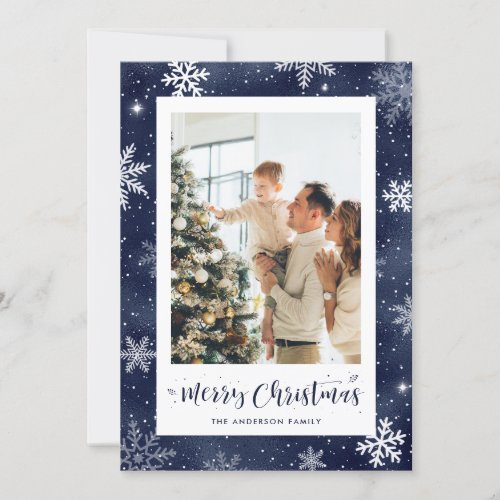 Snowy Blue Foil Photo Merry Christmas Cards