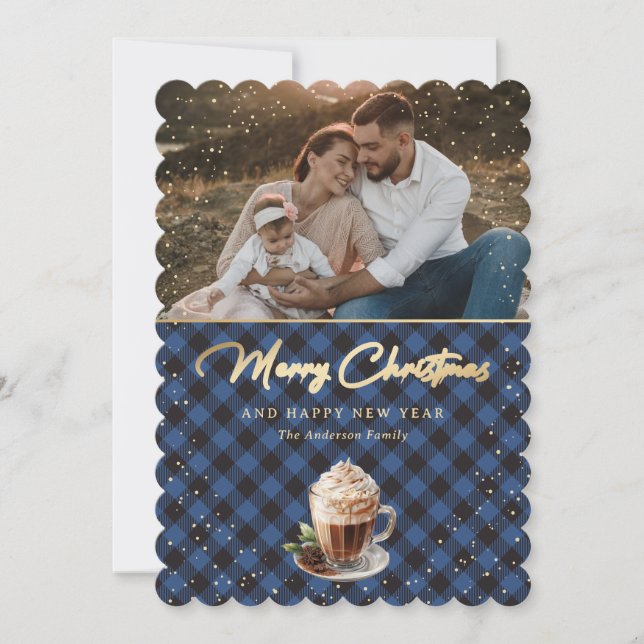 Snowy Blue Gold Buffalo Plaid Photo Christmas Holiday Card (Front)