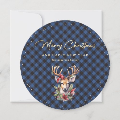 Snowy Blue Gold Deer Merry Christmas Holiday Card