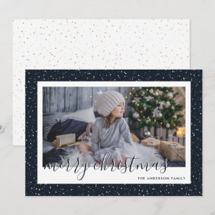 Snowy Blue Gold Family Photo Merry Christmas Holiday Card