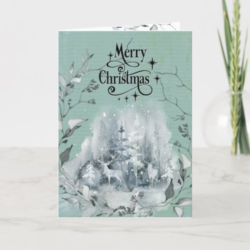 Snowy blue green Watercolor Winter Forest Stag  Holiday Card