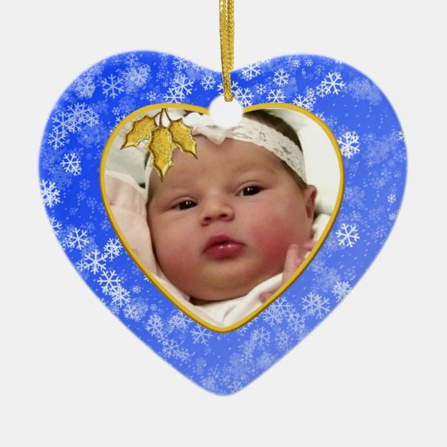 Snowy Blue Heart Baby's 1st Christmas Ceramic Ornament (Front)