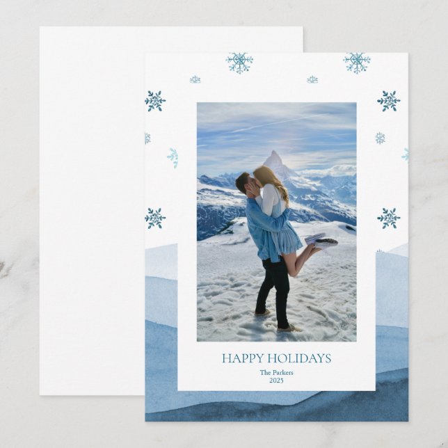 Snowy Blue Holiday Photo Card (Front/Back)