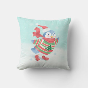 Snowy Blue Ice Skating Penguin Throw Pillow