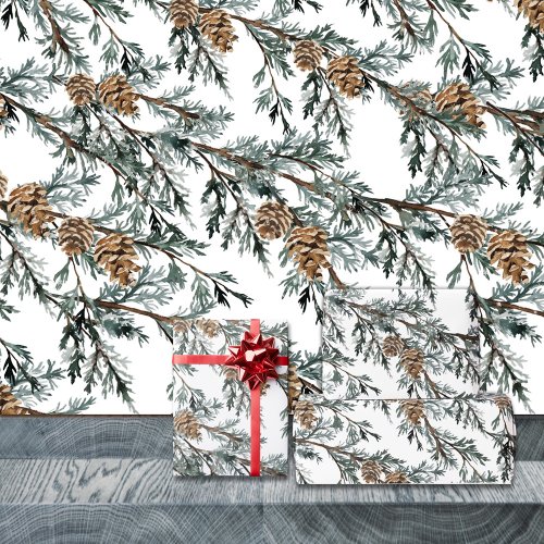 Snowy Blue Juniper Tree Branch  Pine Tree Cones Wrapping Paper