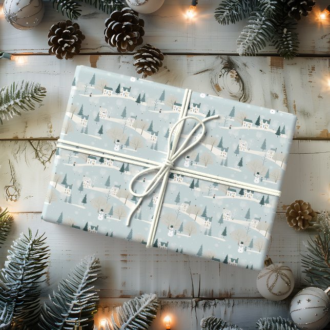 Snowy Blue Minimalist Christmas Village  Wrapping Paper (Creator Uploaded)