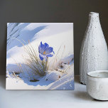 Snowy Blue Mountain Crocus Reborn Flower Ceramic Tile<br><div class="desc">This stunning ceramic tile features a beautiful illustration of a blue crocus breaking out of the snow on a snowy mountain. The crocus's delicate petals represent nature's resilience and strength as it perseveres through the harshest conditions to bloom and thrive. This image reminds me of the beauty and magic found...</div>