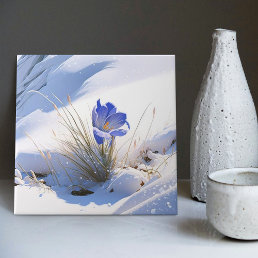 Snowy Blue Mountain Crocus Reborn Flower Ceramic Tile