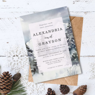 Snowy Blue Mountain Watercolor Rustic Wedding Invitation