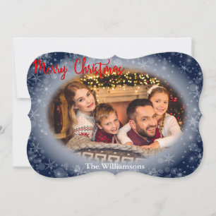Snowy Blue Oval Photo Frame Christmas Fancy Cut Holiday Card