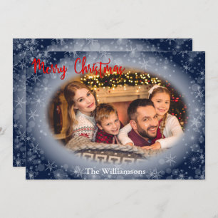 Snowy Blue Oval Photo Frame Christmas Holiday Card