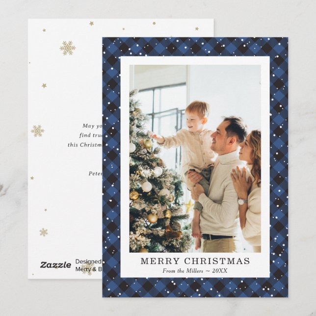 Snowy Blue Plaid Photo Merry Christmas Card (Front/Back)