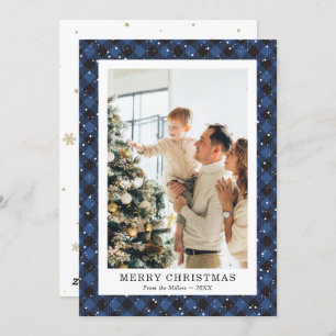 Snowy Blue Plaid Photo Merry Christmas Card