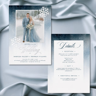 Snowy Blue Watercolor Winter Two Sided Wedding Foil Invitation