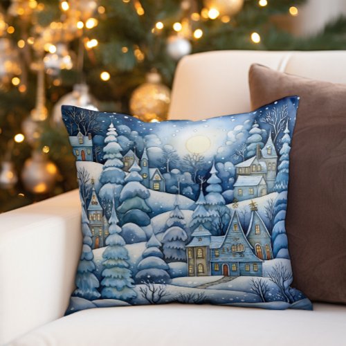 Snowy Blue White Winter Village Moon Night  Throw Pillow
