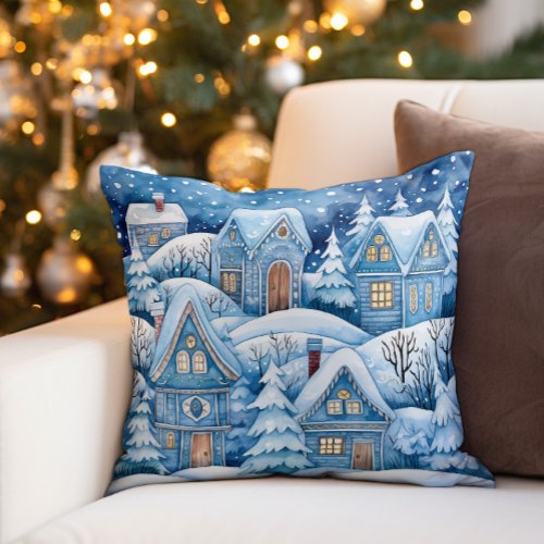 Snowy Blue White Winter Village  Throw Pillow