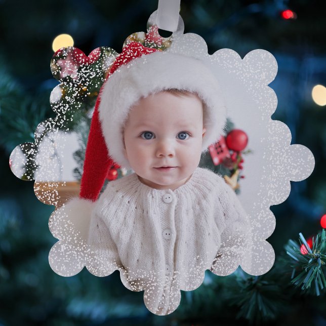 Snowy border simple one photo red Merry Christmas Ornament Card (Creator Uploaded)