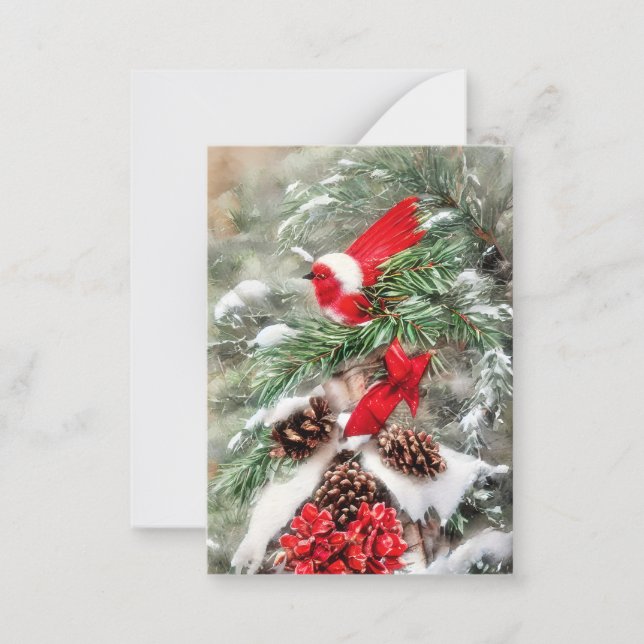 Snowy branch and bird budget mini Christmas Note Card (Front)