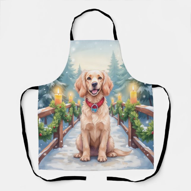 Snowy Bridge Boykin Spaniel Christmas Art Apron (Front)