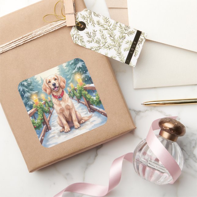 Snowy Bridge Boykin Spaniel Christmas Art Square Sticker (Gifting)