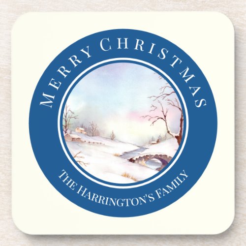 Snowy Bridge Watercolor Landscape Christmas Beverage Coaster