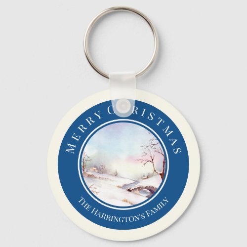 Snowy Bridge Watercolor Landscape Christmas Keychain