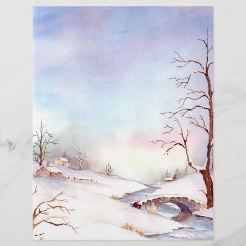 Snowy Bridge Watercolor Landscape Painting