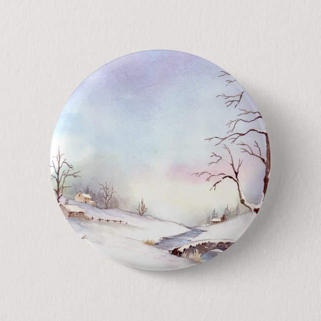 Snowy Bridge Watercolor Landscape Painting Button (Front)