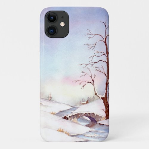 Snowy Bridge Watercolor Landscape Painting iPhone 11 Case