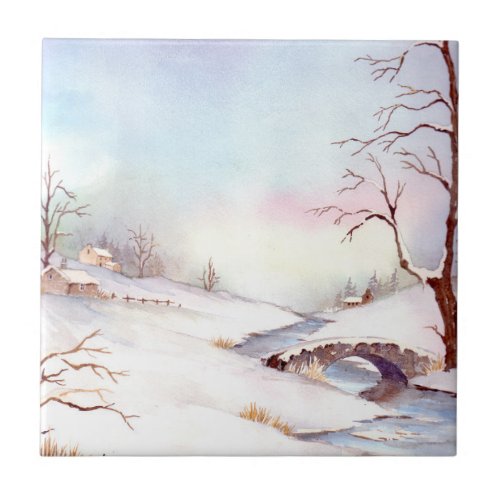 Snowy Bridge Watercolor Landscape Painting Ceramic Tile