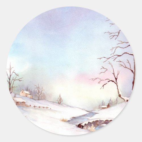 Snowy Bridge Watercolor Landscape Painting Classic Round Sticker