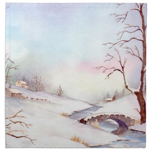 Snowy Bridge Watercolor Landscape Painting Cloth Napkin